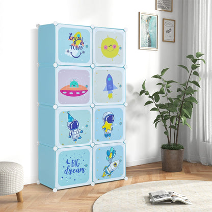 8-cube baby closet organizer with hanging rod in charming blue pattern for kids bedroom organization.