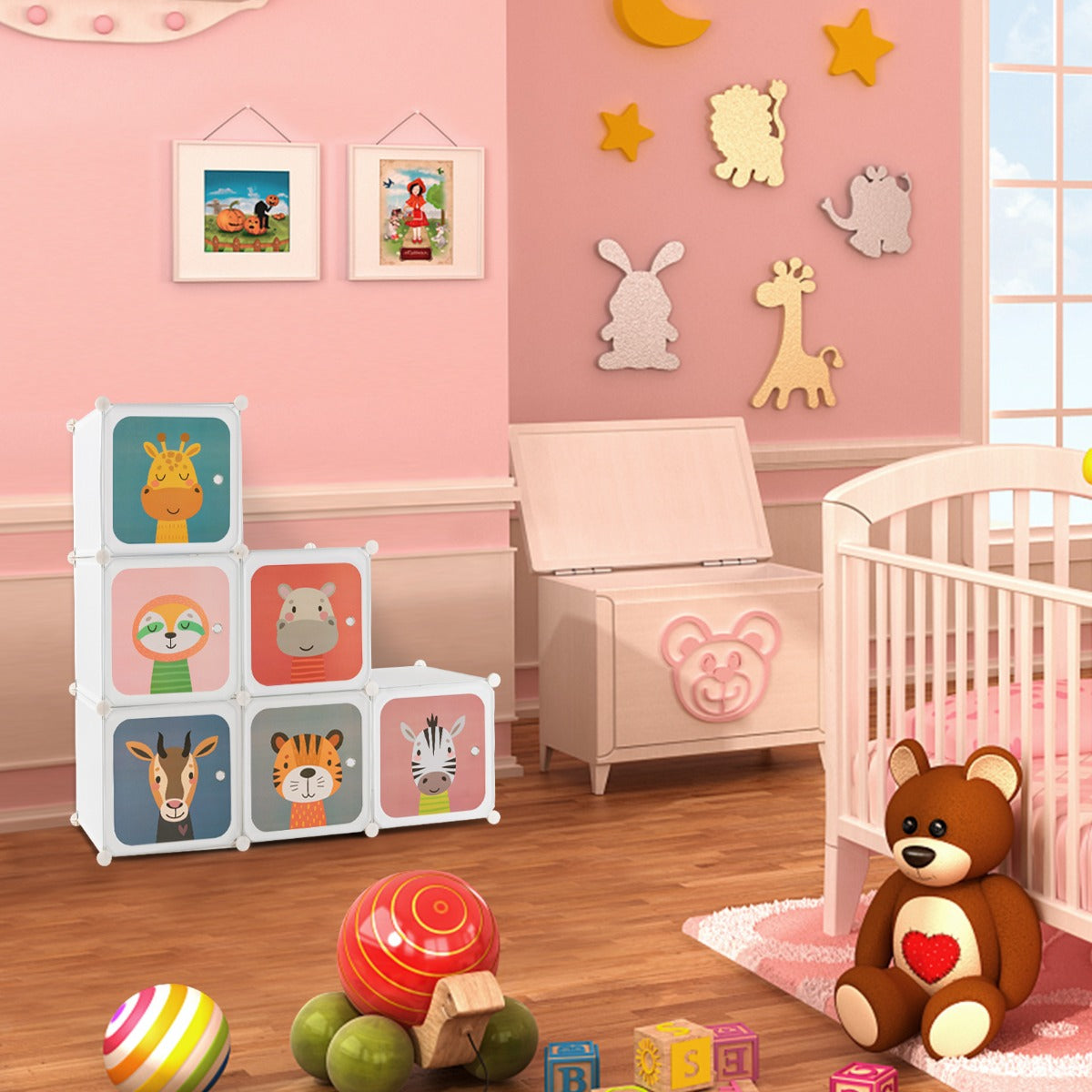 Kids white closet organizer with doors, hanging rod for organized storage, ideal for childrens room.