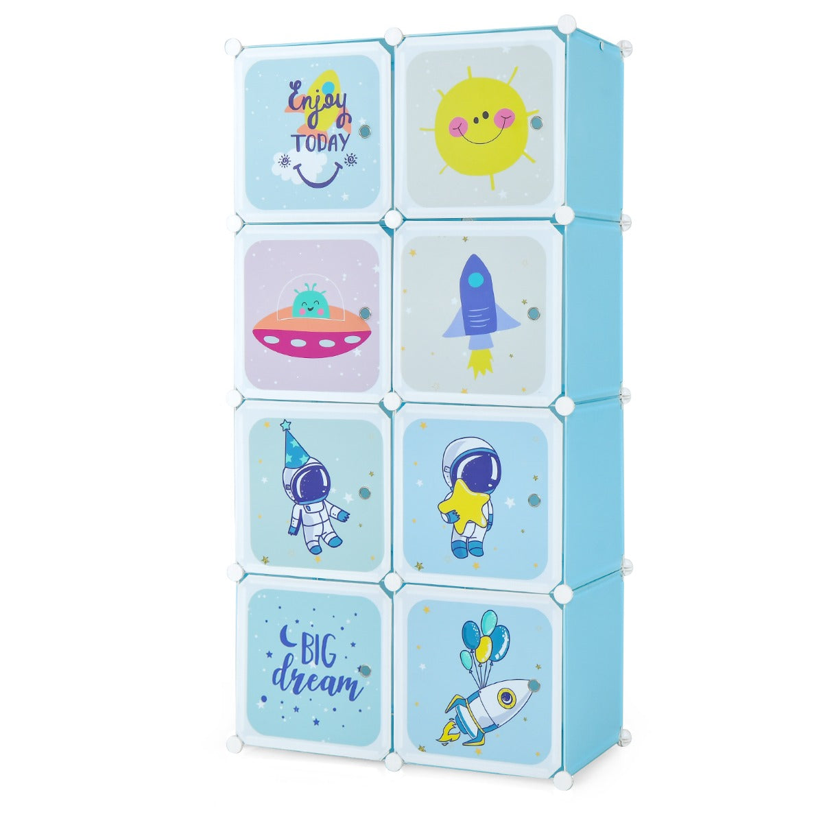 8-Cube Baby Closet Organizer with Hanging Rod in Blue Pattern for organized nursery storage.