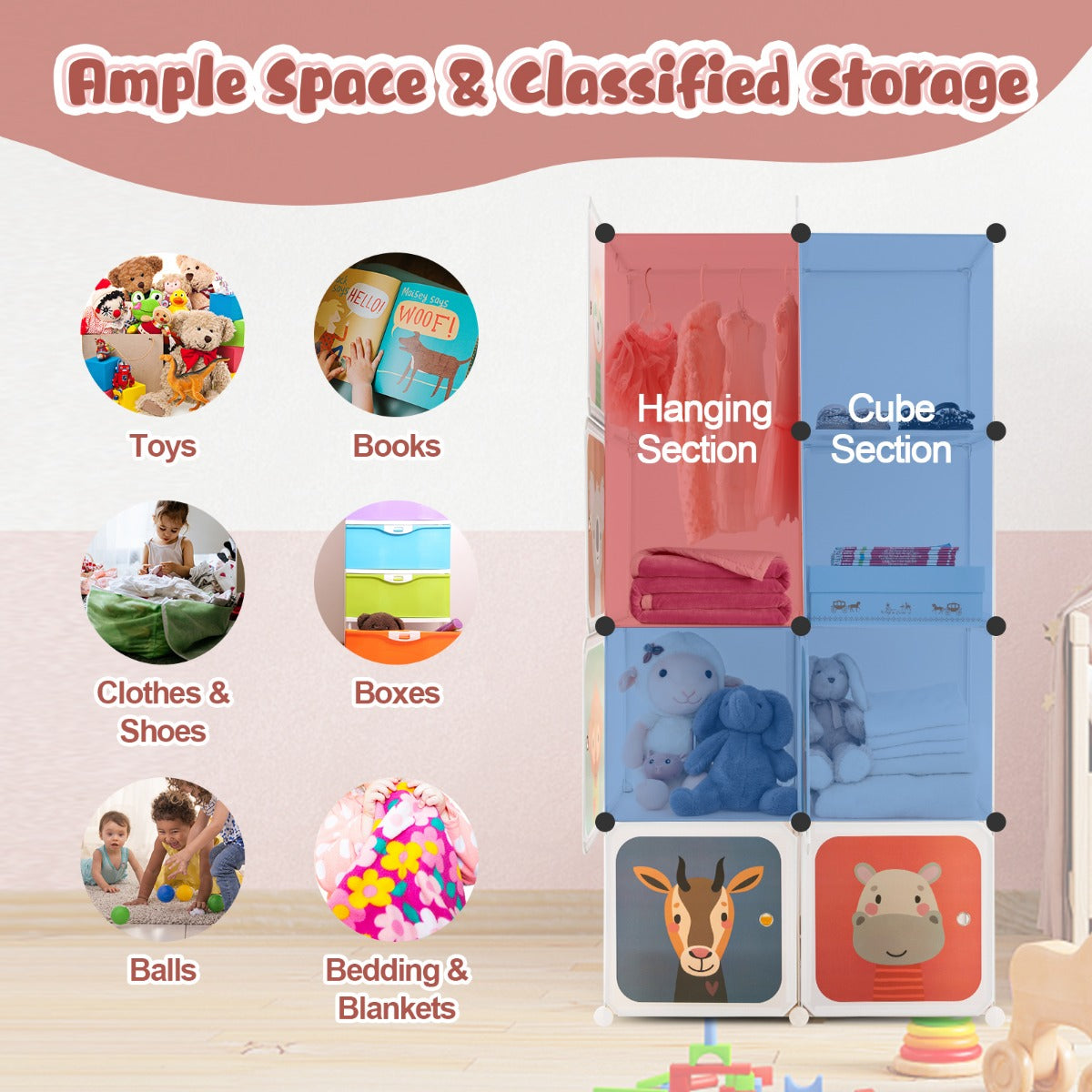 Kids white closet organizer with doors, hanging rod - ideal for organized playroom storage.
