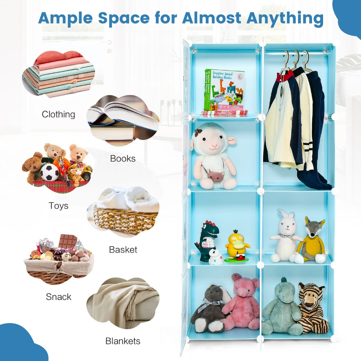 Blue pattern 8-cube baby closet organizer with hanging rod for convenient childrens clothing storage.