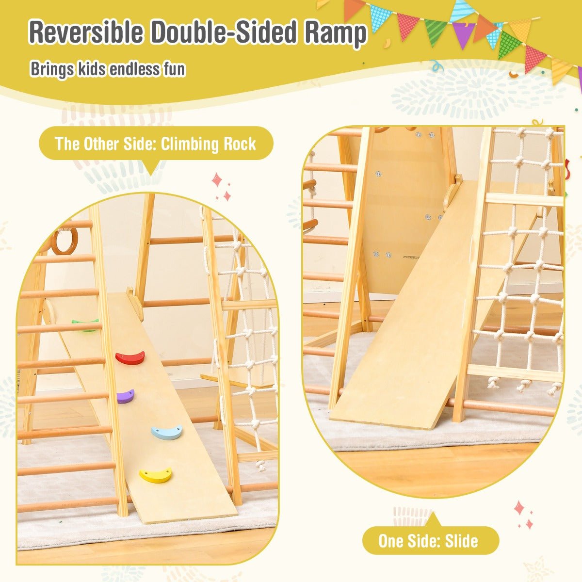 Indoor Wooden Playground - 8-in-1 Jungle Gym with Slide