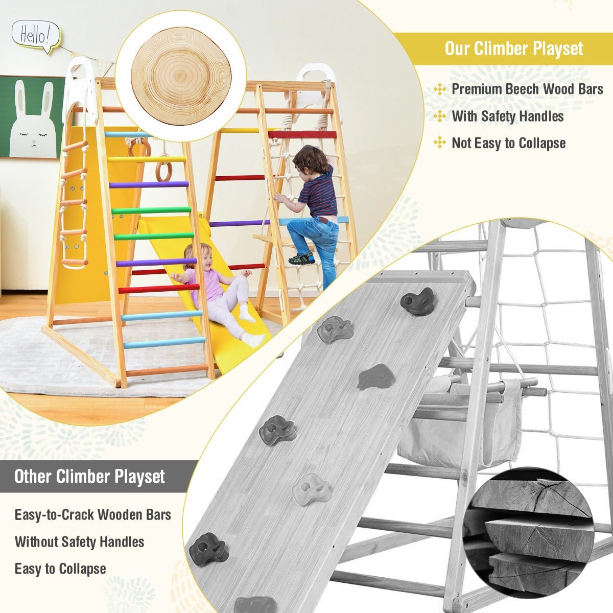 8-in-1 Wooden Indoor Jungle Gym Playset for Toddlers and Kids - Multi-functional play structure