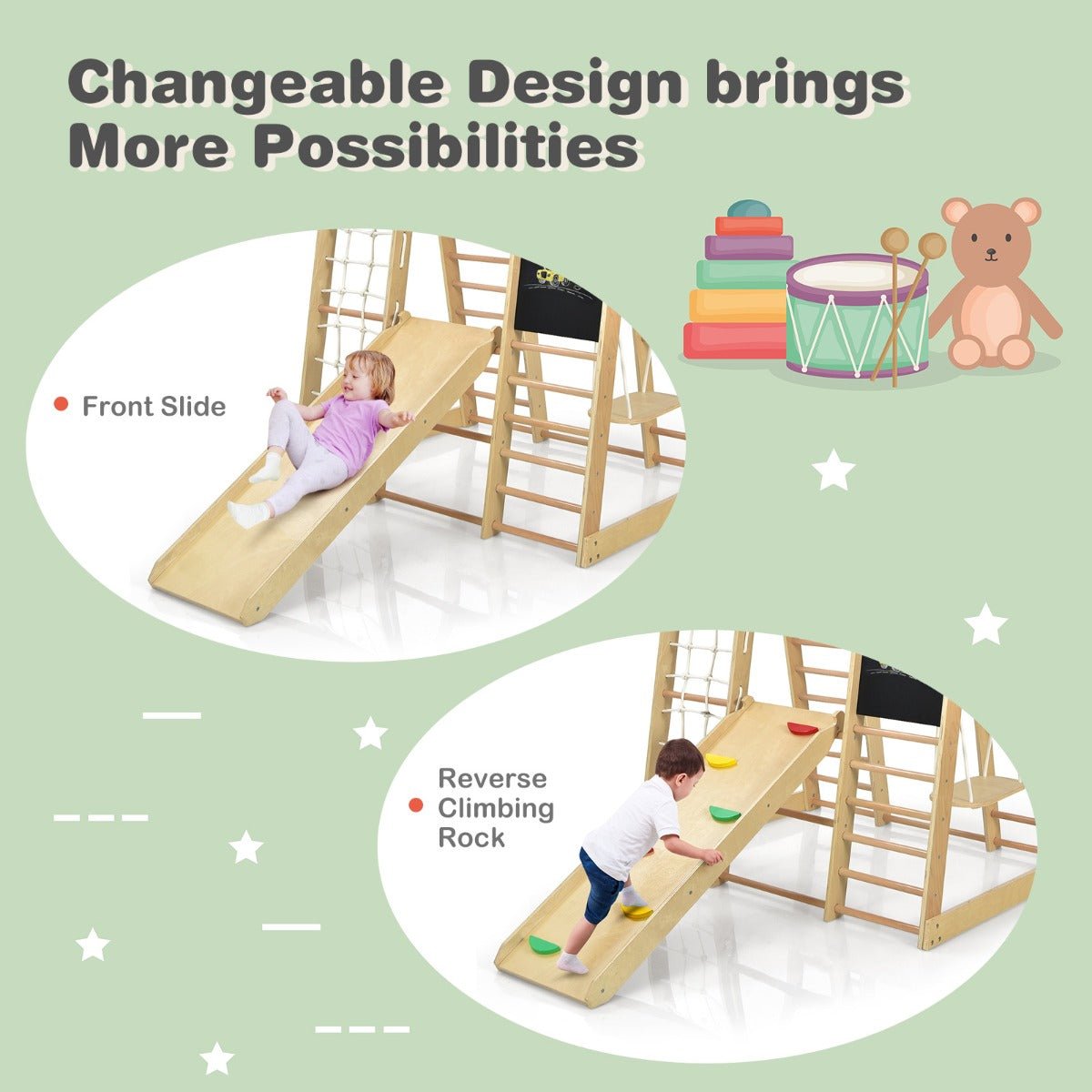 Childhood Delight: 8-in-1 Wooden Climbing Playset with Slide and Drawing Board