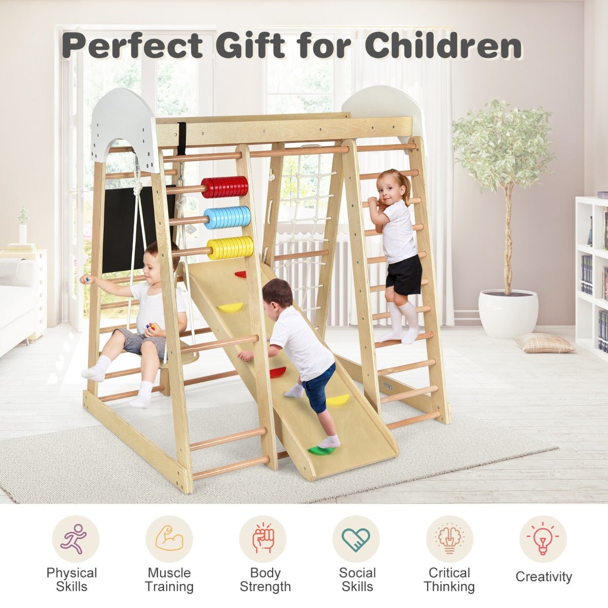 Active Play: 8-in-1 Wooden Climbing Playset with Slide and Drawing Board