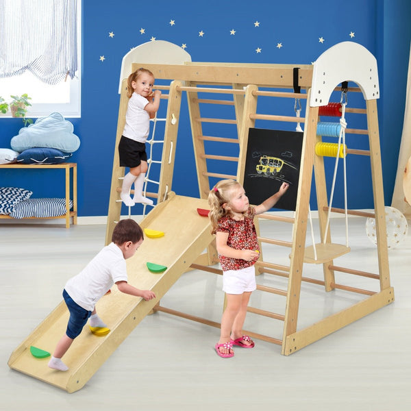 Versatile Fun: 8-in-1 Wooden Climbing Playset with Slide and Drawing Board