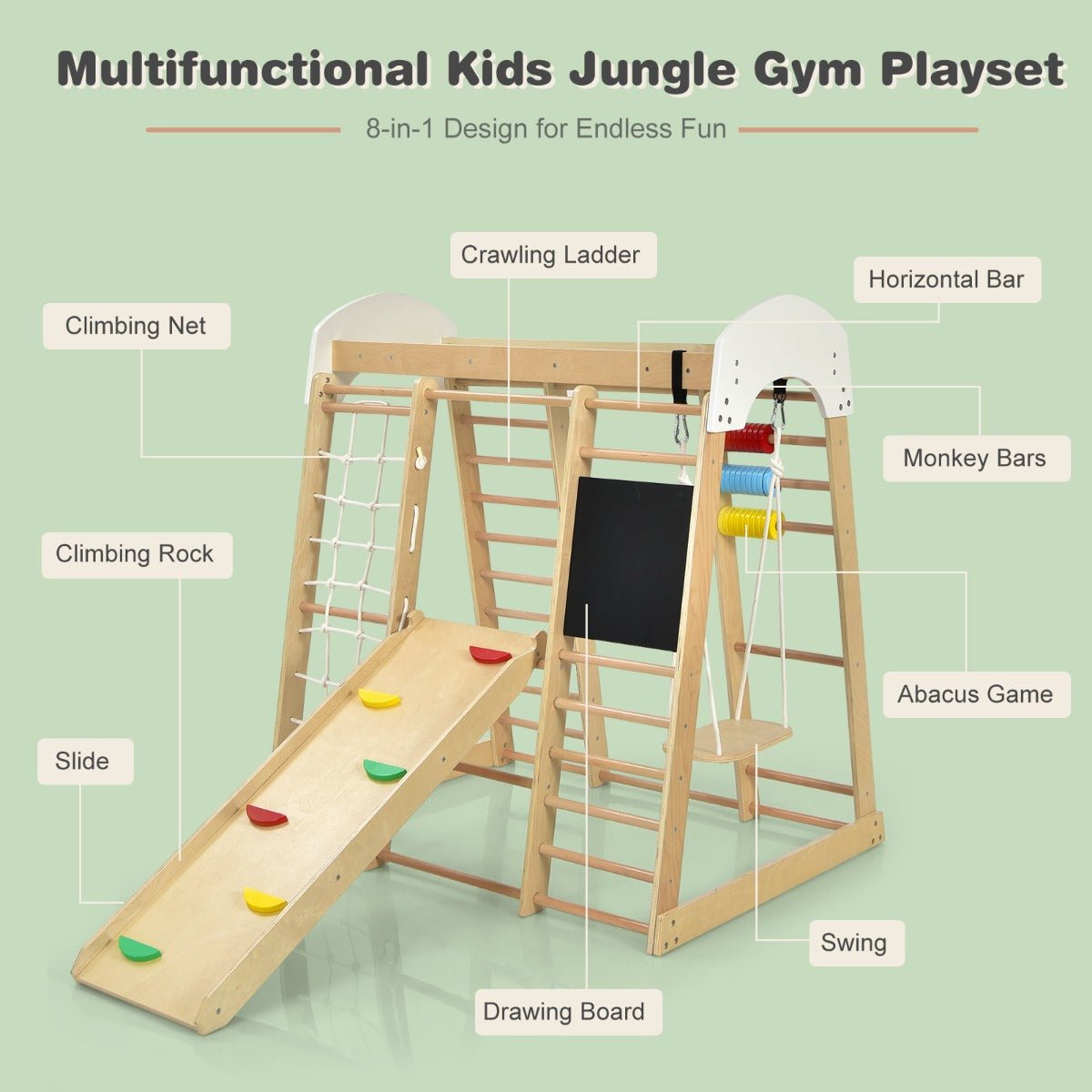 Growing Adventures: Wooden Climbing Playset with Slide and 8-in-1 Fun