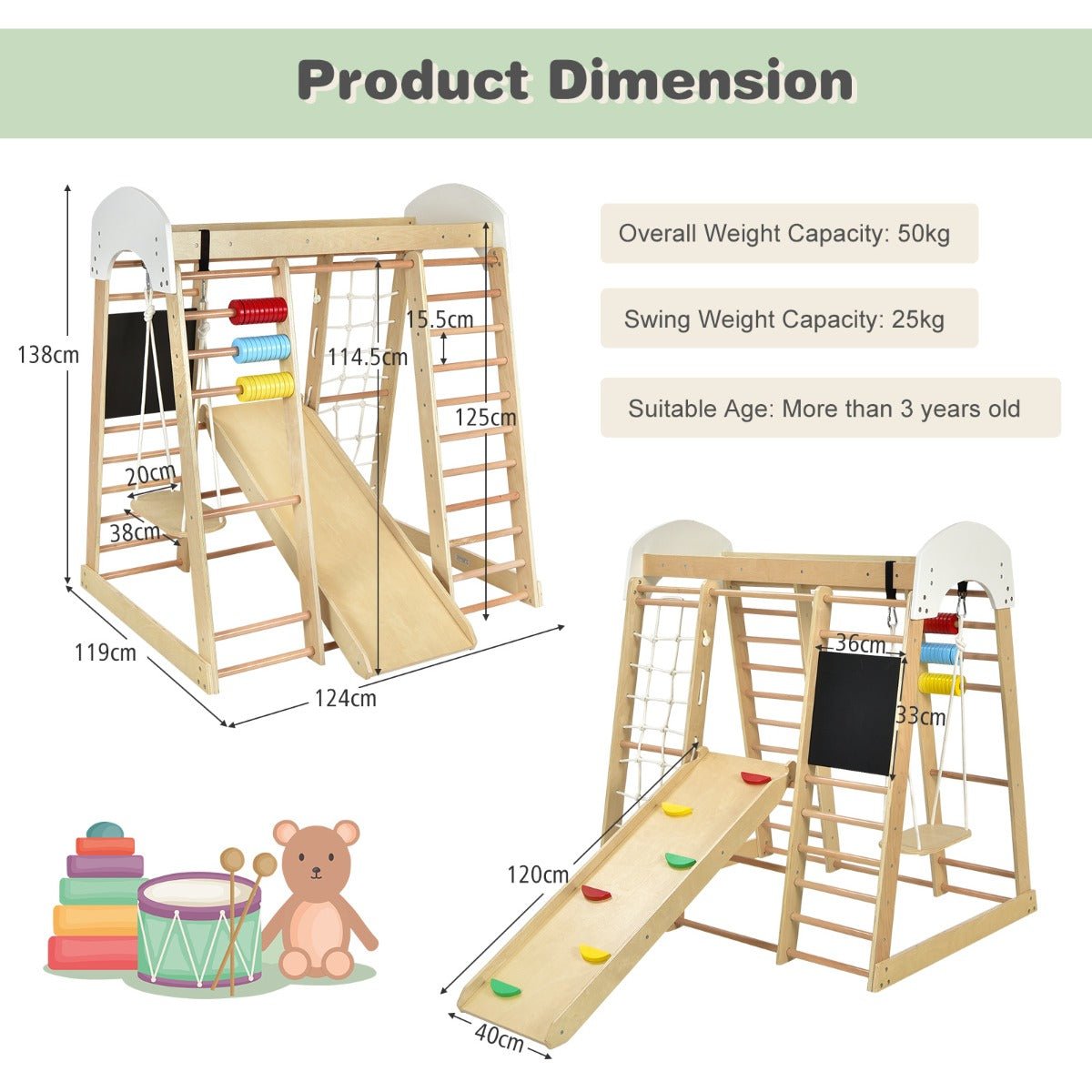 Endless Exploration: Wooden Climbing Playset with Slide and 8-in-1 Activities