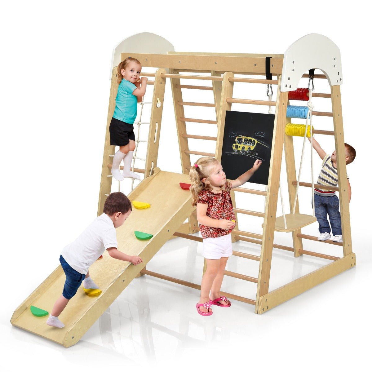 Wholesome Playtime: 8-in-1 Wooden Climbing Playset with Slide and Drawing Board