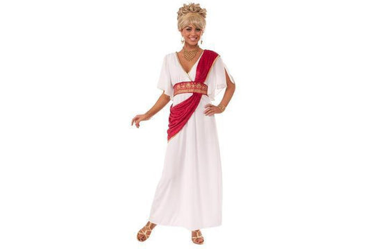 Roman Empress costume for adults in white and gold, adorned with headpiece for home play.