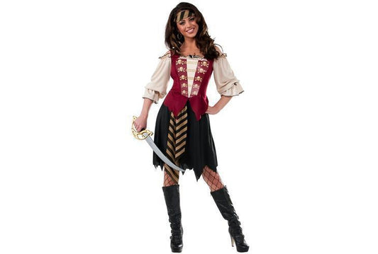 Pirate lady costume for women with dress and headscarf for Halloween dress-up.