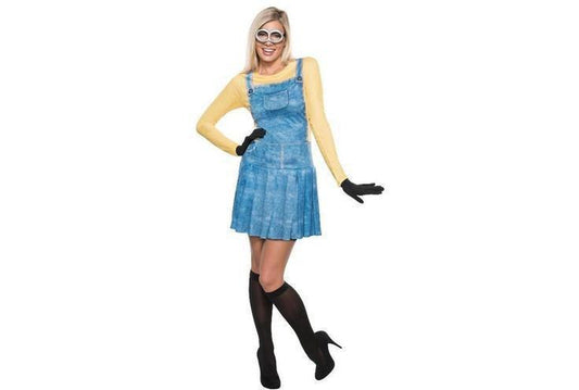 Adult female Minion costume with goggles, ideal for fun childrens dress-up at home.