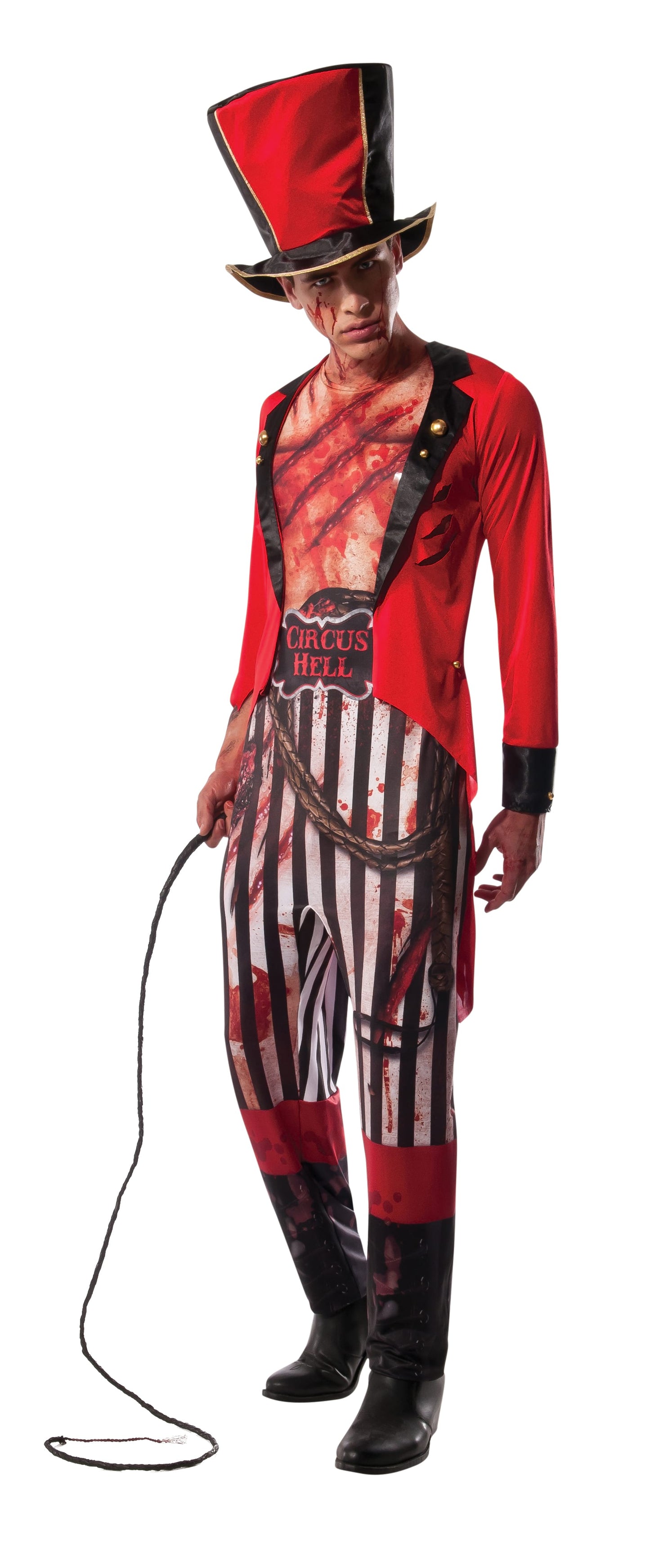 Mauled Ringmaster Adult Halloween Costume - Unique jumpsuit and hat for festive home parties.