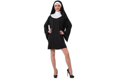 Adult nun costume with robe and veil, ideal for childrens dress-up at home.