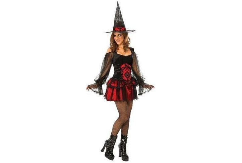 Adults witch costume with pointed hat for enchanting Halloween look, ideal for childrens parties.