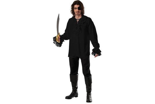 Black pirate shirt with ruffles, perfect for kids dress-up play or costume parties.