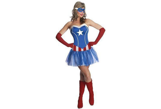 Marvel Captain America ladies costume with tutu dress and mask for childrens playtime.