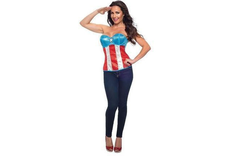 Marvel Captain America sequined corset costume for adults, perfect for superhero-themed parties.