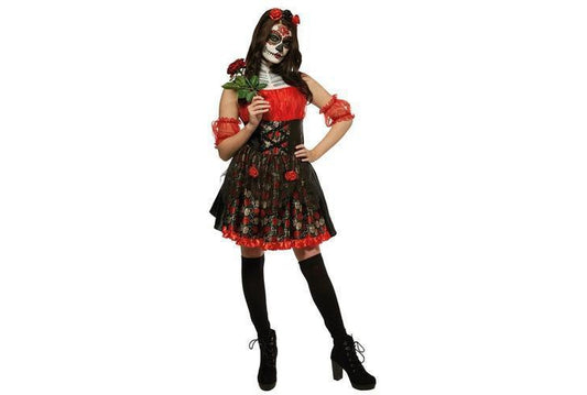 Day of the Dead rose costume for adults in red floral dress and headband.