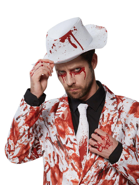 Halloween costume | Adult suit with realistic bloody handprints for spooky home events.