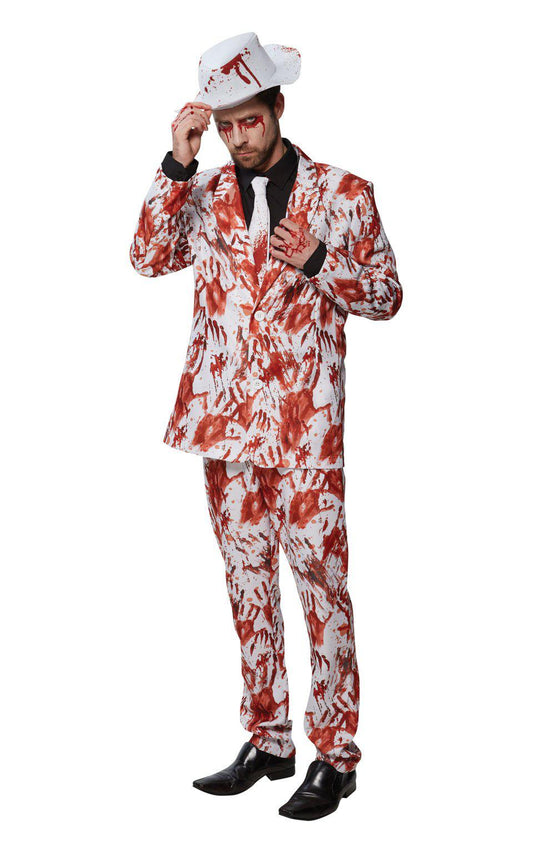 Halloween costume for adults | Bloody handprint suit replicating spooky, fun home decor. Kids love it.