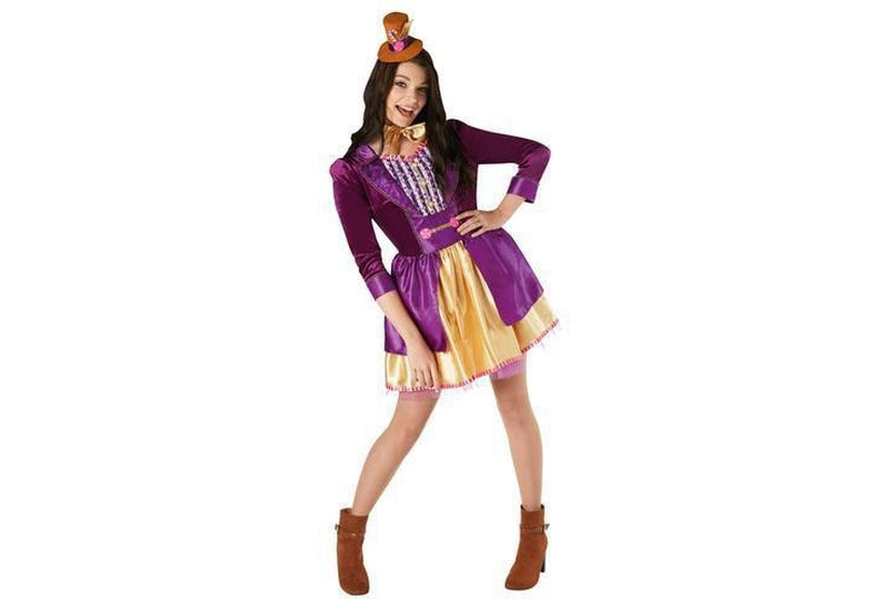 Willy Wonka adult ladies costume with mini hat and bow tie, ideal for themed parties.