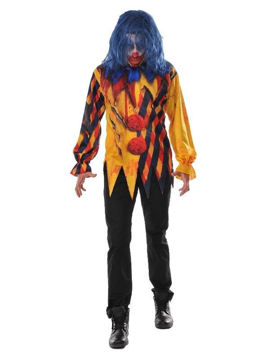 Bloodstained shirt clown costume for adult, perfect for spooky Halloween dress-up at home.