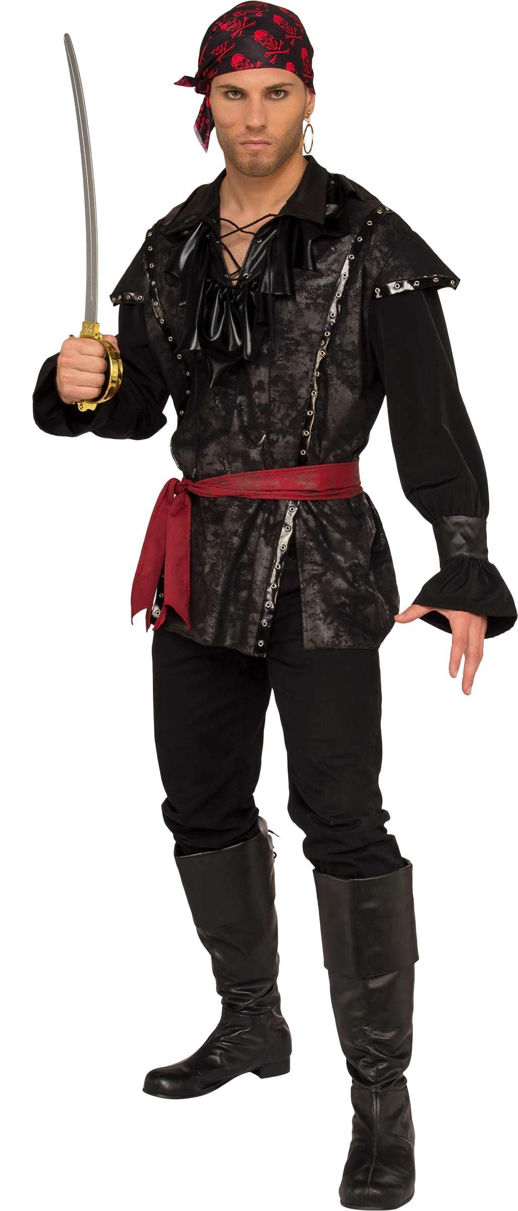 Adult pirate captain costume set in faux suede fabric for childrens dress-up play at home.