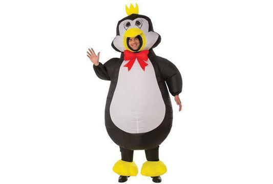Inflatable penguin costume for adults with battery-operated fan, perfect for fun childrens parties.