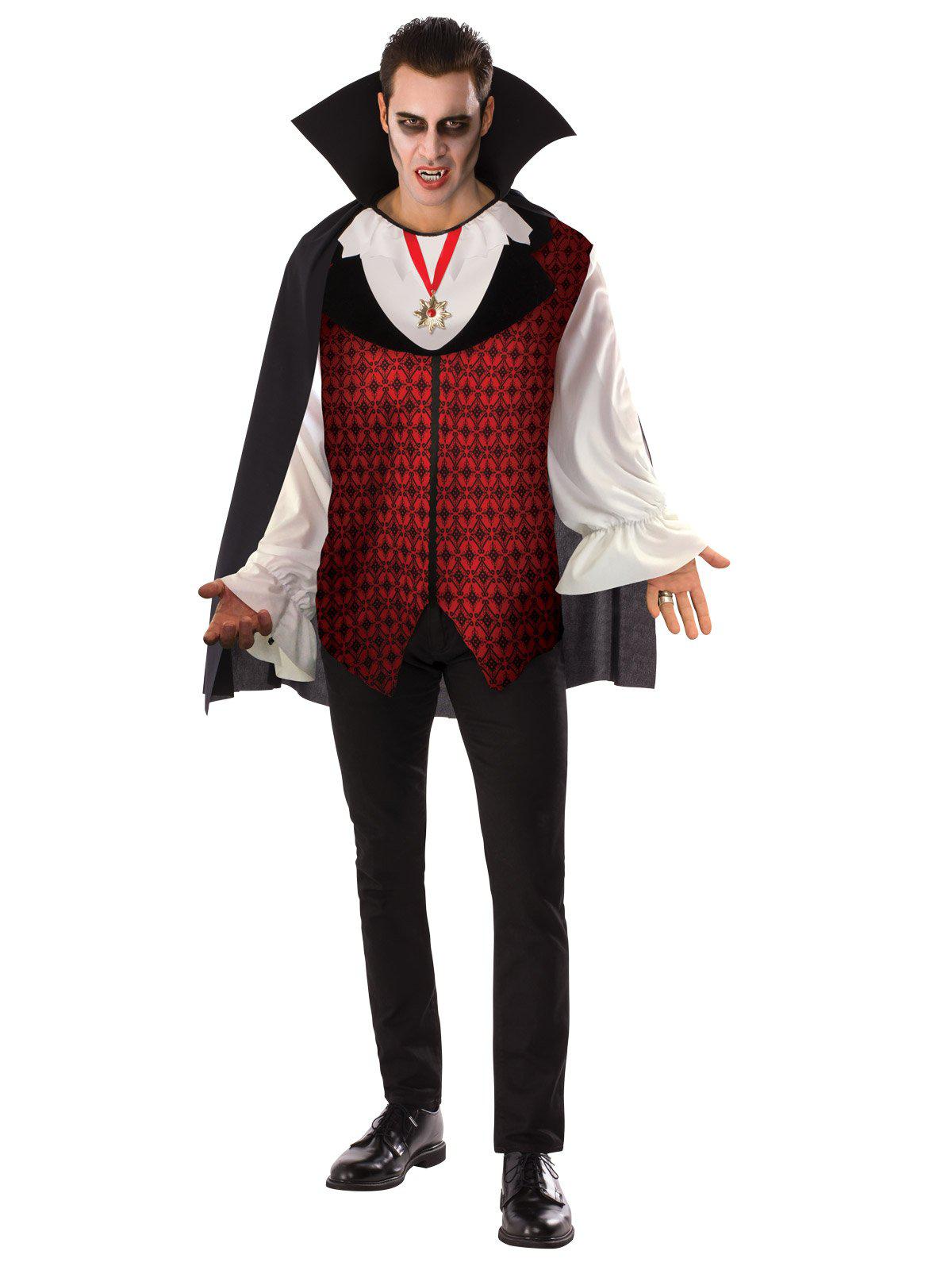 Adult vampire costume with cape, shirt, and medallion, perfect for Halloween dress-up at home.