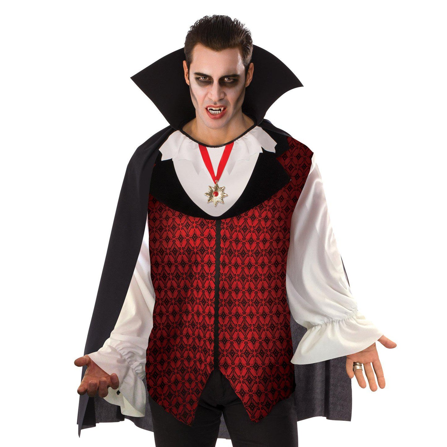 Adult Classic Vampire Costume | Includes cape, shirt and medallion, perfect for Halloween parties.