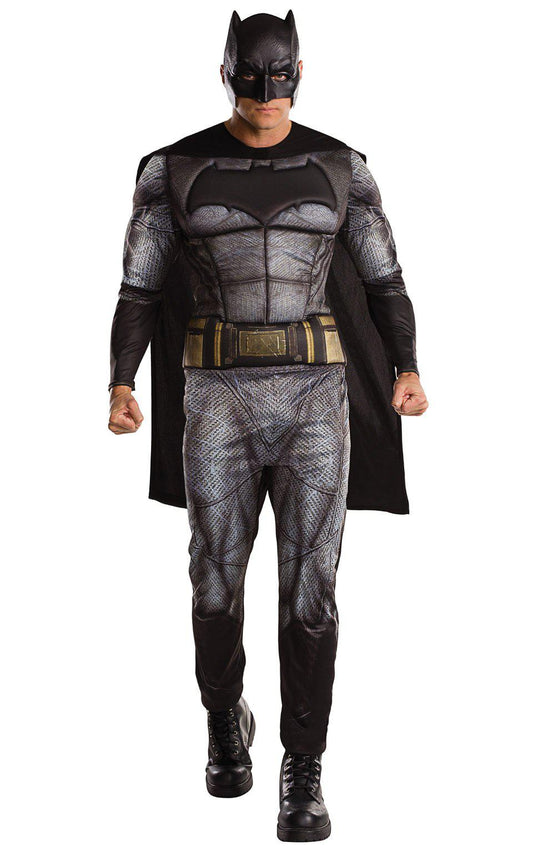 Authentic Batman adult costume with DC Comics branding for superhero dress-up play at home.