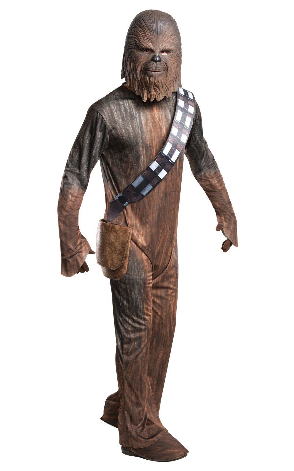 Chewbacca adult costume and mask from Star Wars franchise for role-playing fun at home.