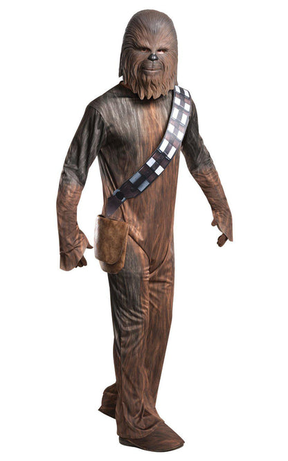 Chewbacca adult costume and mask from Star Wars franchise for role-playing fun at home.
