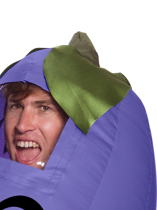 Adults inflatable eggplant costume jumpsuit, perfect for funny Halloween dress-up at home.
