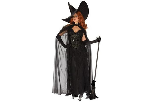 Witch Halloween costume with full-length dress and cape, perfect for elegant adult Halloween attire.