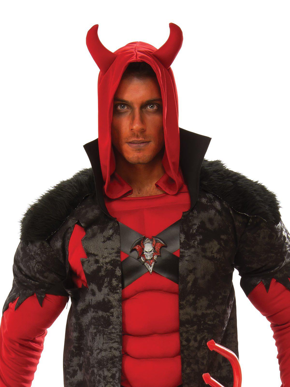 Devil costume with muscle chest and hood for Halloween dress-up, perfect for kids play.