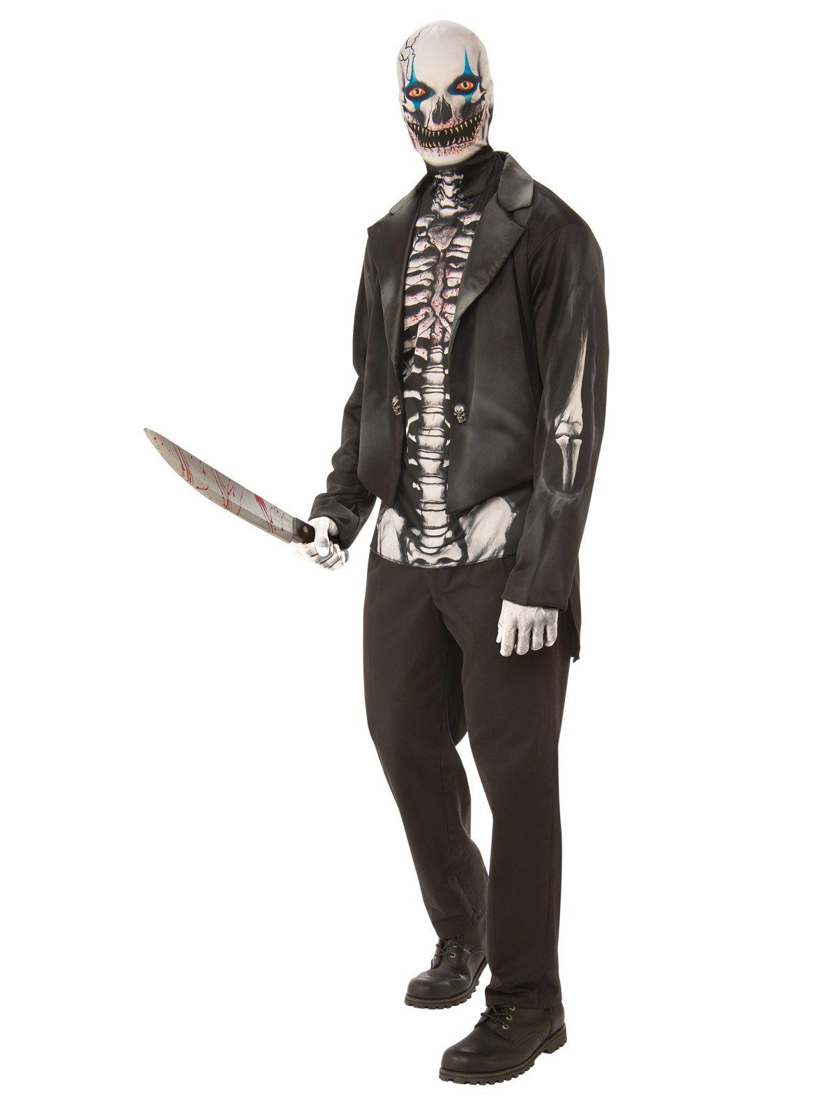 Skeleton man adult costume with printed coat, ideal for spooky Halloween dress-up at home.