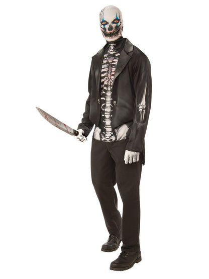 Skeleton man adult costume with printed coat, ideal for spooky Halloween dress-up at home.