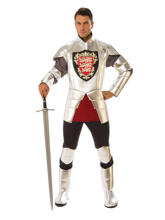 Silver Knight adult costume for medieval armor role play, ideal for kids imaginative play.