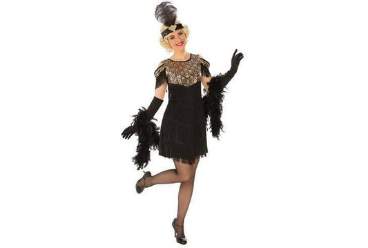 Glitzy gold flapper dress and headpiece for girls 1920s costume party dress-up fun.