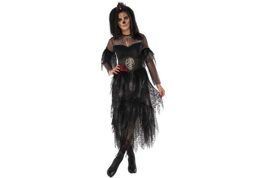 Adult Spooky Lady Ghoul Halloween Costume with dress and accessories for home Halloween party.