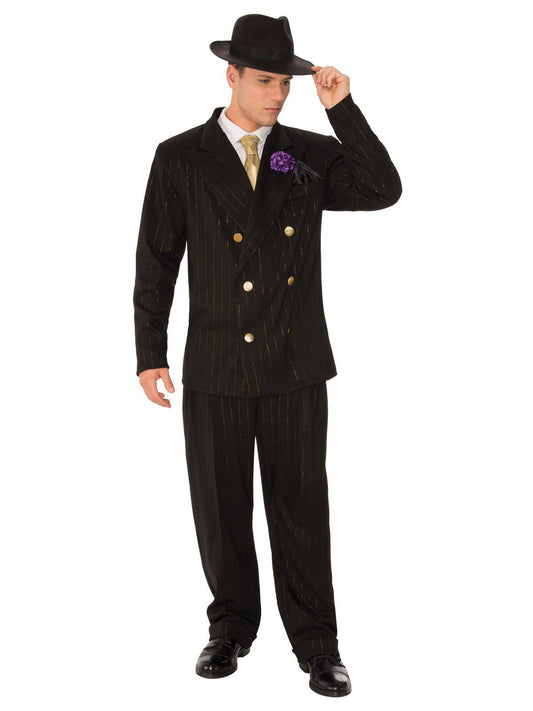 Gold pinstripe suit and tie set for adult gangster costume, perfect for Halloween parties.