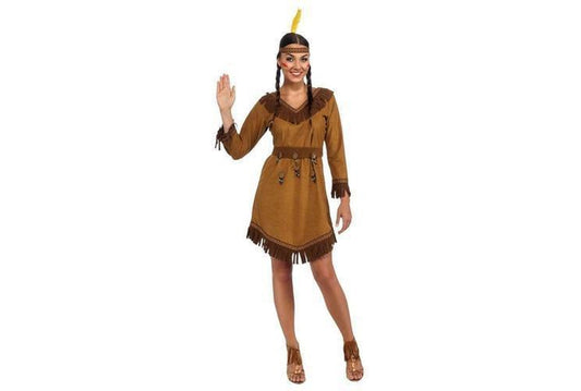 Native American costume set with dress, belt, and headdress for kids imaginative play.