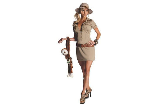 Jane The Hunter adult safari costume with hat and belt for kids pretend play.