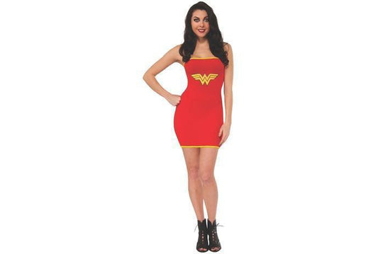 DC Comics Wonder Woman bodycon tube dress for adults, perfect for superhero-themed costumes at home.