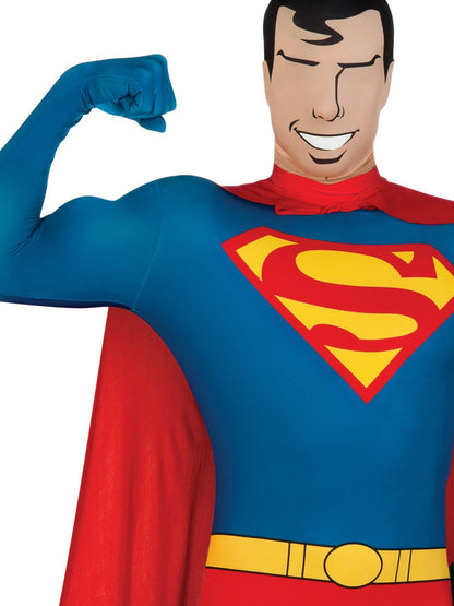 Superman skin-tight costume with cape, officially licensed by DC Comics, perfect for playtime.