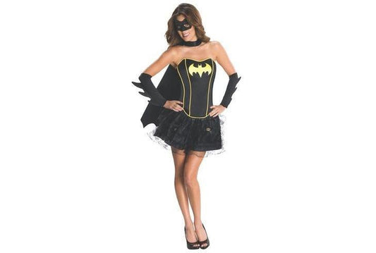 Batgirl costume set with mask, cape, and gauntlets for childrens dress-up playtime.