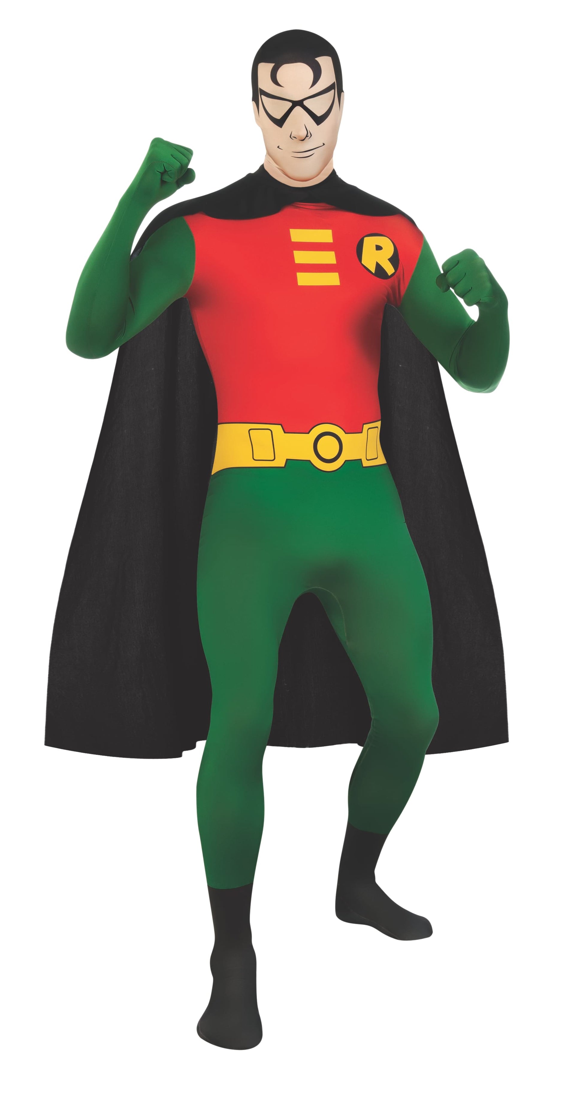 Adult Robin DC Comics superhero costume for home play, second skin style for authenticity.