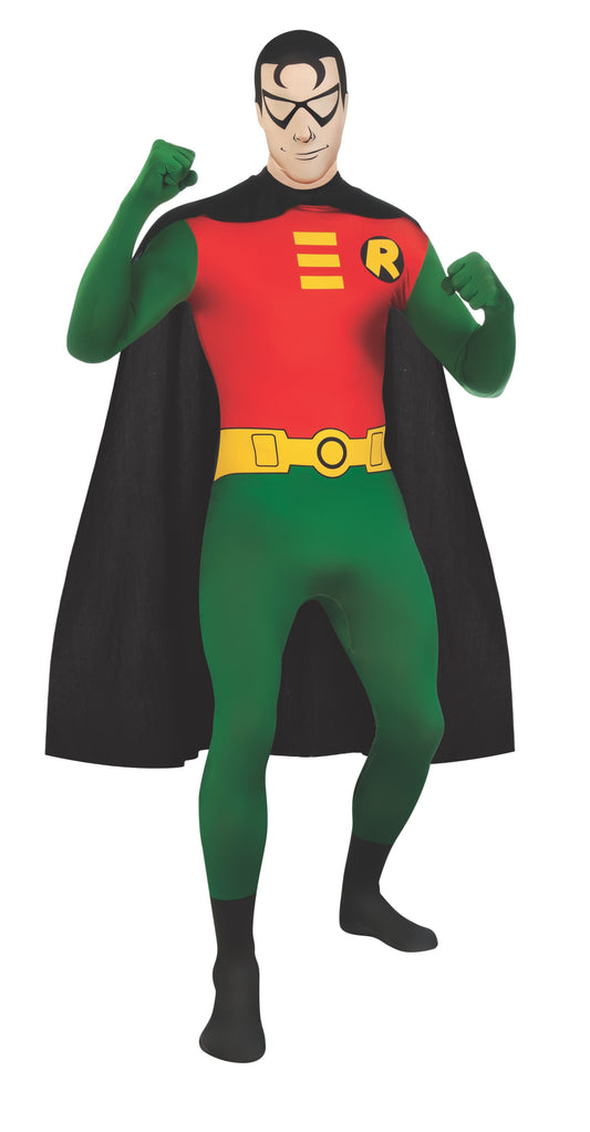 Adult Robin DC Comics superhero costume for home play, second skin style for authenticity.